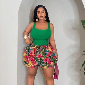 SHEIN Green Tank Top with Vibrant Floral Skort
